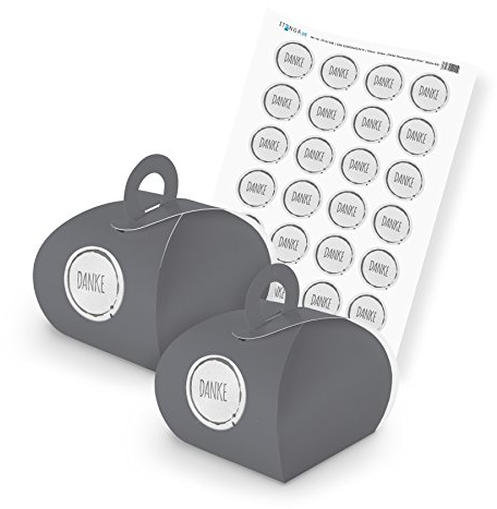 itenga SET Danke Stempeldesign grau unlackiert (Motiv 83) 24x Geschenkschachtel mit Griff grau + Stickerbogen