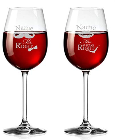 polar-effekt Verres à vin avec Gravure personnalisée - Verre à vin Rouge 460ml - Mr. & Mrs. Always Right with Mustache & Kiss Mouth - Cadeau de Mariage