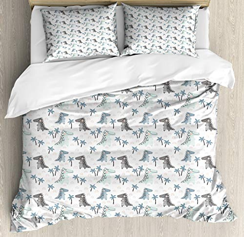 Ambesonne Dino Duvet Cover Set, Dinosaur Rhythmic Theme in Muted Tones, Decorative 3 Piece Bedding Set with 2 Pillow Shams, Queen Size, White Multicolor