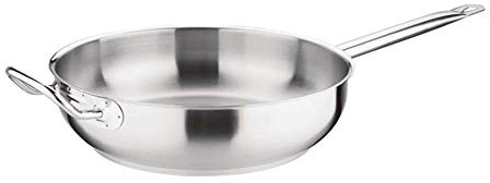 Vogue Stainless Steel Sauté Pan 30 cm, Size: 300(Ø) mm / 5.1 Litre, All Hob Compatible, Induction Compatible Frying Pan, Aluminium Base, Dishwasher Safe, Professional and Home Use, FB699 | Dishwasher safe with a helper handle for lifting heavy foods easily, built with an aluminium base for even heat distribution.