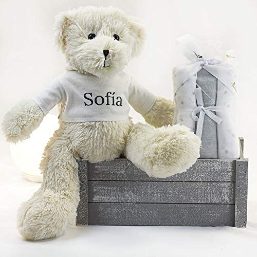 Regalos para Bebes Recien Nacidos Personalizados | Caja rústica con Muselinas y Osito de Peluche | 3 a 6 Meses (Gris) | BebeDeParis