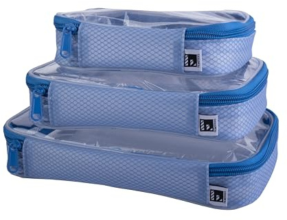 Filmsticks Set of 3 Transparent TPU Storage Cases, Blue, Small Medium Large, 170 x 50 x 135 mm to 250 x 50 x 160 mm, Clear Zip Organisers for Camera Gear, Cables, Tools and Accessories