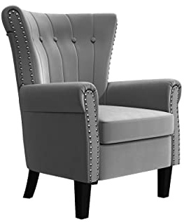 HOLILA Velvet Accent Chair with Arms, Modern Wingback Tufted Armchair, Soft Cushioned Club Chair with Solid Wood Legs for Living Room, Bedroom, Home Office, Light Grey