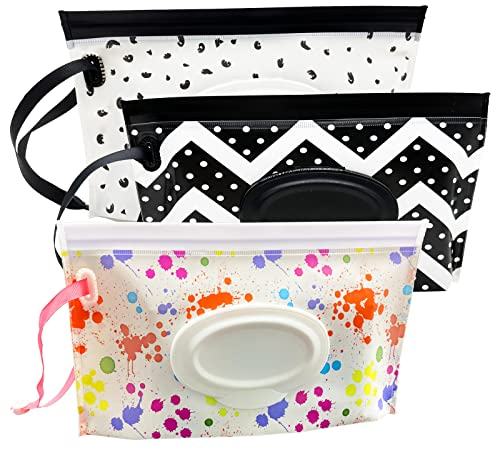 ULVBABI 3 Pack Portable Wet Wipe Pouch Dispenser, Reusable Baby Diaper Disposal Bags, Refillable Personal Travel Clutch Dispenser Holder (Wave, Feather & Tie-Dyed Pattern)