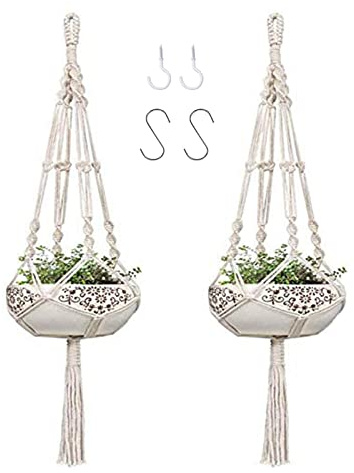 Indoor Macrame Plant Hangers Pot - 2 PCS 42 Inch Outdoor Cotton Rope Hanging Planter Holder Wall Flower Plants Basket Hanger Holders Pots for Garden Balcony Ceiling Patio Deck Boho Home Decor（White）
