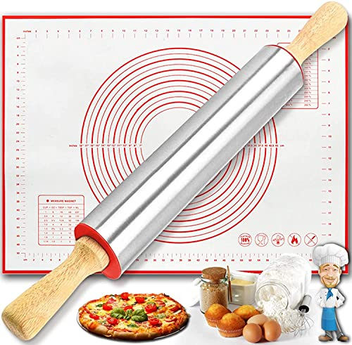 Nudelholz mit Backmatte Silikon, Groß Edelstahl Teigroller mit Holzgriffen, 43 cm Antihaft Metall Teigroller, Küche Teigausroller, Backen Zubehör für Pizza, Nudelteig, Cookie, Kuchen, Fondant, Gebäc
