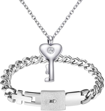 Flongo Pärchen Schloss Schlüssel Schmuckset: Silber Paare Armband Halskette Set Damen Kette mit Herz Flügel gold Zirkonia Herren Cuban Lock Armkette Edelstahl Geschenk Partner Weihnachten Valentinstag