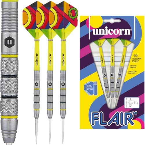 Unicorn Dart-set | Flair 2 | 80% naturliga volframtunnor med svarta och gula accenter och laseretsad U-logotyp Hallmark | Stålspets | 21 g | Extra flygningar och axlar