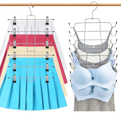 2 Pcs Closet Organizer, 8 Tier Tank Top Hanger and 6 Tier Skirt Hangers with Clips for Women, Bra Tie Jeans Pants and Storage Space Saving, Non-Slip Hanging Sport Bras Holder (1 Clothes & 1 Trouser)
