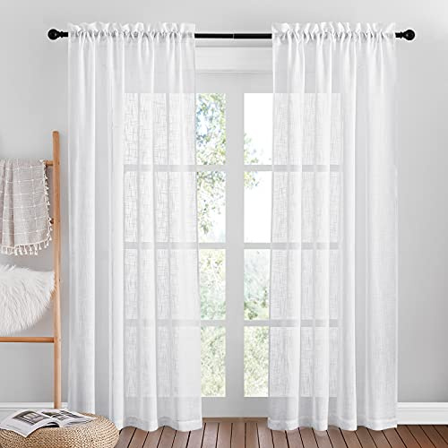 PONY DANCE Vorhang Leinenoptik Wohnzimmer Gardinen Weiss Halbtransparent | 2er Set, H200 x B140cm, Luftig, Lichtdurchlässig, Sichtschutz, Landhaus, mit Stangedurchzug, für Schlafzimmer Kinderzimmer