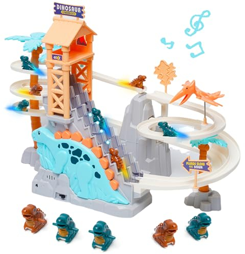 Kinder Rennbahn Spielzeug, elektronische Musik Dinosaurier-Treppensteigspielzeug, Rennbahn mit LED-Licht,Rennspielzeug Playsets Kleinkind Kinder Jungen Mädchen Alter 3+