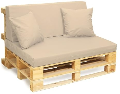 Euro Pallet Seat Pads with Cushions Set WATER-RESISTANT For Indoor & Outdoor Garden Furniture-(1 Seat 120cmx80cmx15cm, 1 Back Seat 120cmx40cmx10cm, 2 Cushion 18x18) (Complete 4 Pic Set, Cream)