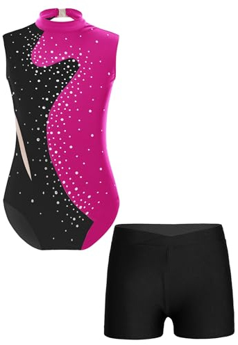 inhzoy Body Danza Classica Bambina Senza Maniche Balletto Body Ginnastica Artistica con Pantaloncini Sportivi Leggings Corti Tuta da Ginnastica Ritmica Pattinaggio Artistico Rosa caldo&Nero 7-8 anni