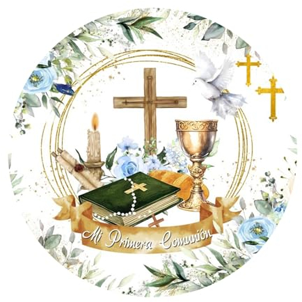 SDOTPMT Diamètre 2,3m Mi Primera Communion Fond Rond Couvercle en Bois Jésus Croix Calice Bible Fleurs baptême du Christ Rite Photographie Fond Nouveau - né Douche Parti bannière Prop