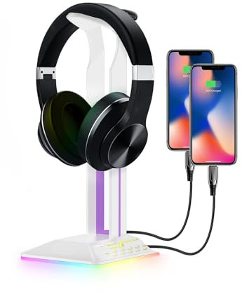 KALAHOL RGB Headset Halterung, Gaming Zubehör Kopfhörer Ständer mit 2 USB- und 1 Typ C Ports, LED Kopfhörerhalter für PC-Gamer, für alle Kopfhörer, Geschenk für Geburtstag, Jungen, Weihnachten (Weiß)