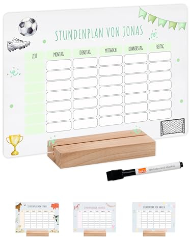 Bärenfreunde® - Personalisierbarer & Abwaschbarer Stundenplan aus Acryl + Stift, Holzhalter - Einschulung Geschenk, Schultüte zum Schulanfang oder Grundschule (Fußball,ohne Holzhalter)