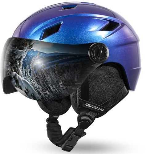 Odoland Casco da Sci con Visiera a Lente, Leggero e con Ventilazione Regolabile Casco da Neve Avanzato da Competizione con Caldi Paraorecchie Soffici per Uomini Donne Adulti e Giovani Blu Flash S