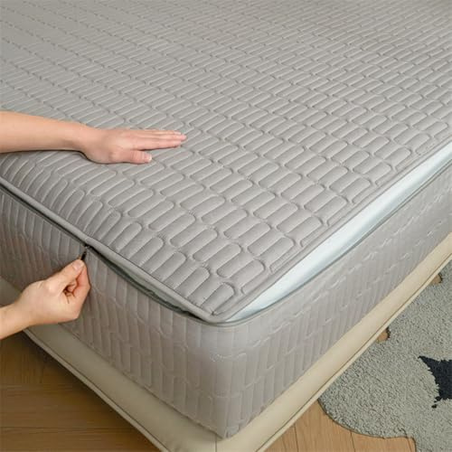 Coprimaterasso con Cerniera Fodera Materasso Matrimoniale/Singolo 160x190/200 Personalizzabile Copri Proteggi Materasso Topper Trapuntato A Cinque Lati Lavabile Imbottito Lenzuolo (160x190+25cm,Gray)