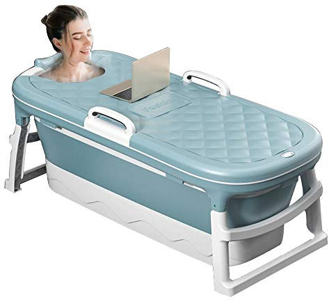 Vasca da bagno pieghevole portatile per adulti con funzione di vapore sudore, vasca in plastica spessa per sauna domestica, design a botte mobile (blu con copertura), 115 x 62 x 52 cm
