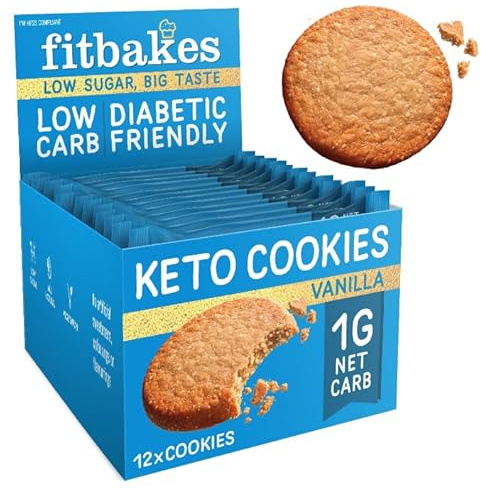 Fit bakes Keto Cookies, 1g Net Carb, Low Carb Low Sugar, Vanilla 12x30g | Keto Snack, Diabetic Biscuits, Diabetic Sweets & Cakes, Low Sugar 1g per Cookie, Low Carb, Baked with Almond Flour, Fitbakes