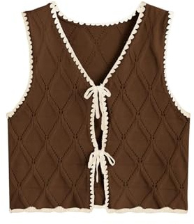 Verdusa Women's Old Money Bow Tie Crochet Sweater Vest Contrast Binding Knot Front V Neck Knit Top Coffee Brown Large