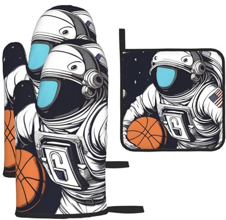 YYHHAOFA Lot de 3 gants de cuisine imperméables et durables pour four et manique pour isolation thermique Motif astronaute et basket-ball