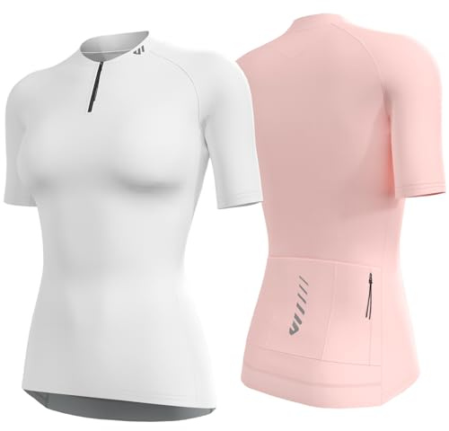 Wulibike Radtrikot Damen Halbe ReißVerschluss Fahrradshirt Mountainbike Fahrradtrikot Atmungsaktiv Rennrad Trikot Kurze äRmel Frauen Fahrrad Shirt 4 Tasche Radfahren Tops Upf50+ Weiß-Rosa M