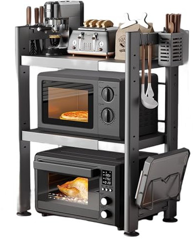 Support de micro-ondes réglable à 2 étages avec grille pain extensible pour comptoir de cuisine Comprend 6 crochets porte-couteaux et rangement de baguettes
