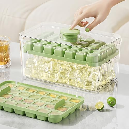 Ice Cube Tray with Lid and Bin, 56 Pcs Ice Cube Mold, 2 Trays & Ice Scoop, BPA Free(Green)