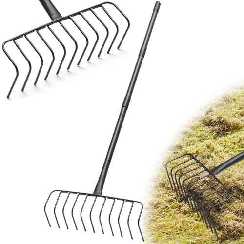 Garden Rake, Heavy Duty 11 Tines Metal Thatch Rake for Gathering Hay Dead Grass Brush Pine Needles Leaves, 87 Long Handle Large Yard Rakes for Lawns Standing Effortless Collecting Cleaning