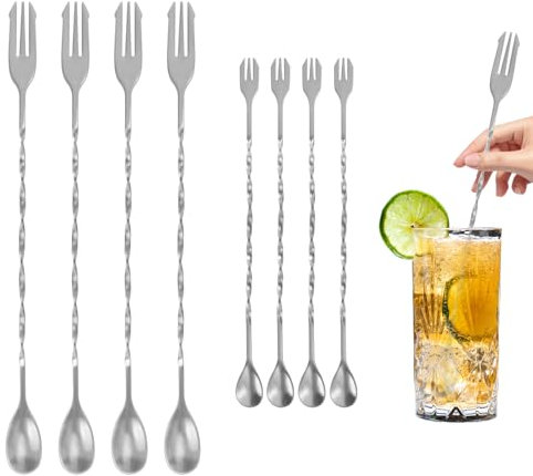 Diakey 8 cucharas de bar agitadores de cóctel para mezclar bebidas, 26 cm + 32 cm, acero inoxidable SUS304, mango largo en espiral, cucharas agitadoras con punta tridente, color plateado