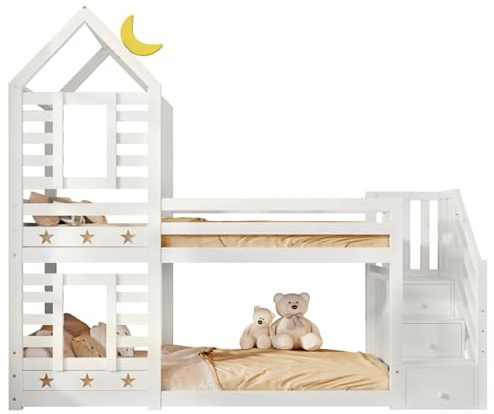 WEALTHKING Spielbett mit Haus-Design und liebevollen Details wie Mond und Sterne, kombinierte Schubladen im Treppenaufgang, robuster Rahmen mit zertifizierter Stabilitätsprüfung (Weiß,90x200cm)
