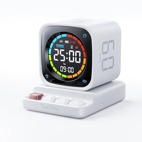 Ticktime TK3 Pomodoro Timer pour Étude, Travail, Tâches, TDAH, Cuisine | Pomodoro Timer, Flip 5/10/30/60 min Countdown, Custom Timer & Chrono, 3 Options Rappel, Écran Clair, 3 Alarmes Réglables