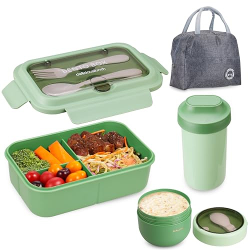 Osrioal Lunch Box Adults, Bento Box Set with Lunch Bag, Utensils, Water Cup, Oats Container, Leakproof Lunchbox for Students Men Women School Office Green