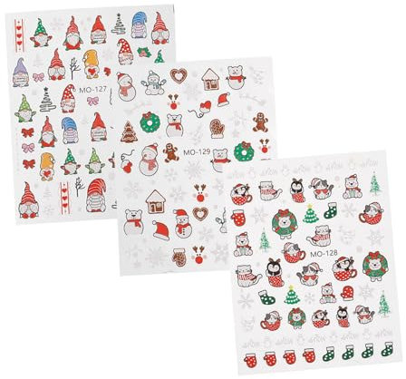 BESTYASH 3 Feuilles Lot D'autocollants Pour Nail Art De Noël Avec Motifs De Bonhomme De Neige Flocons De Glace Père Noël Pour Manucure Diy