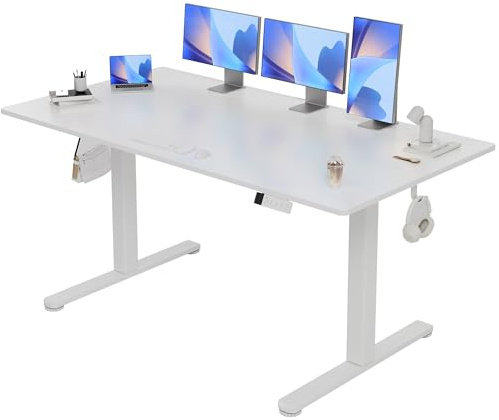 Claiks Höhenverstellbarer Schreibtisch 140x70cm, Schreibtisch Höhenverstellbar Elektrisch, Steh-Sitz Tisch mit 2 Haken und 3 Memory-Funktion, Stehpult Verstellbarer Computertisch, Standing Desk, Weiß