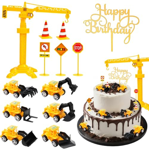 Yooyan Pack of 13 Digger Cake Decorations, Cake Decoration, Construction Site, Construction Vehicles, Traffic Signs, Children, with Traffic Signs, Gold, Birthday, Construction Vehicle, Tower, Crane