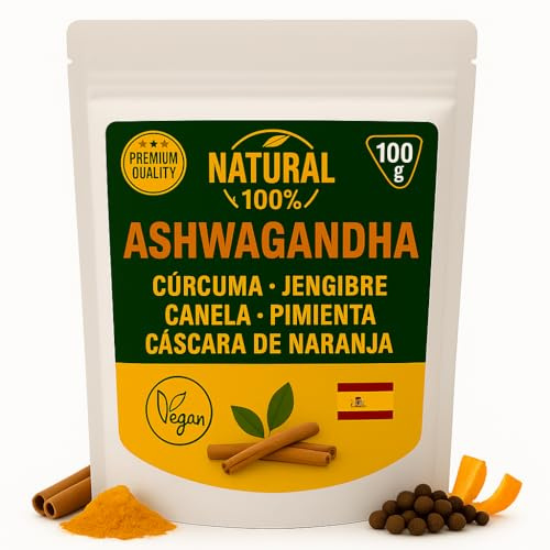 Infusión de Ashwagandha Ecológica | Cúrcuma | Jengibre | Canela | Pimienta negra | Cáscara de naranja |Estado de Ánimo | Reduce estrés | Aporta Energía Natural | Antiinflamatorio (GRANDE 100 G)