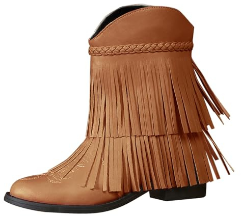 Generisch Botines para mujer con flecos, botas de senderismo para mujer, botas de invierno de caña corta, botas de vaquero planas de tacón bajo, botas occidentales, elegantes botas con flecos