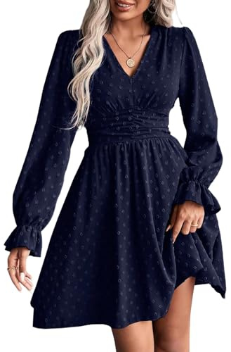 SweatyRocks Kleider Damen Elegant Kurz Kleid A Linie Rüschenkleid Damenkleid Langarm V Ausschnitt Freizeitkleid Herbstkleid Blau L