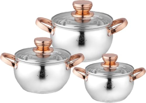 Royal Swiss Lot de 6 casseroles en acier inoxydable - Induction - Design cuivre de luxe - Couvercle en verre avec sortie vapeur - Passe au lave-vaisselle - Économe en énergie et sans PFAS