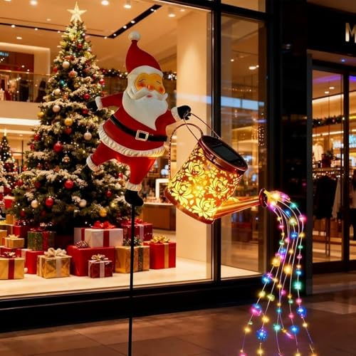 Santa Solar Wasserkocher Lichter, Garten Rasen Dekorative Lichter, Solar Gießkanne Lichterkette,Wasserdicht LED Solar Weihnachtsmann Gießkanne Lichterkette für Garten Hofweg, Außen, Hof (Farbe)