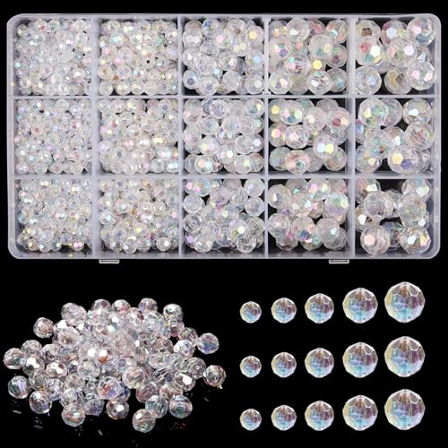 Lot de 645 perles de verre à facettes en cristal AB à enfiler en 5 tailles (5 à 12 mm), perles de cristal AB brillantes, perles de bijoux brillantes pour bracelets, colliers et boucles d'oreilles DIY