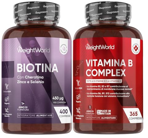 Biotina Capelli e Vitamina B Complex Bundle, 400 + 365 Compresse, 1 al Giorno Ciascuna (+1 Anno di Scorta), Integratori per Capelli con Cheratina e Zinco, Complesso Vitamina B con Vitamina C, Vegano