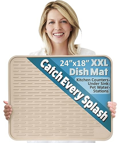 XXL Silicone Dish Drying Mat for Kitchen Counter or Under Sink, 24 x 18 Extra Large, Waterproof Pet Feeding Mat, Dog Food, Water Bowls, Under Drying Racks for Dishes, Coffee Bars, Bar Mats (Beige)