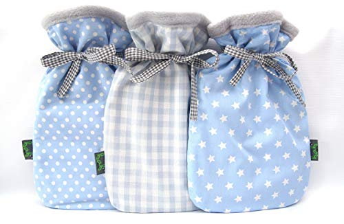 Selbstgenähter Wärmflaschenbezug in Blau und Grau, doppelseitig aus Baumwolle und Fleece, Wärmflasche mit Bezug von bab-Berlin