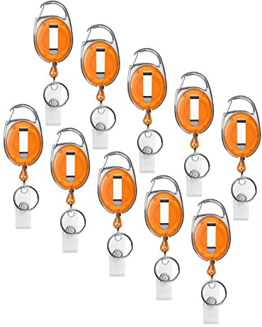 Karteo Ausweishalter Jojo ausziehbar orange [10 Stück] Ausweis Jojo mit Karabinerhaken und Gürtelclip und Vinylschlaufe als Ausweishalter für Kartenhüllen Ausweishüllen