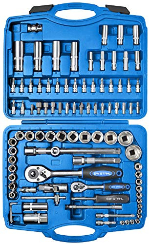 SW-Stahl 07693L Steckschlüsselsatz 94-teilig mit 1/4 + 1/2 Ratsche | Knarrenkasten mit Stecknuss-Satz, Bit-Set und Werkzeug für Mechaniker zur Wartung am KFZ im stabilen Werkzeugkoffer