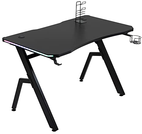 HOMCOM Gaming Desk with RGB LED Lights, Ergonomic 120 x 66cm Computer Desk with Cup Holder, Headphone Hook, Controller Rack, R Shaped Gaming Table for Home Office, Black