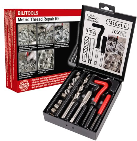 BILITOOLS M10x1,0 Helicoil Gewindereparatursatz | Mit HSS-Bohrer, Einbauwerkzeug und Edelstahl Gewindeeinsätzen